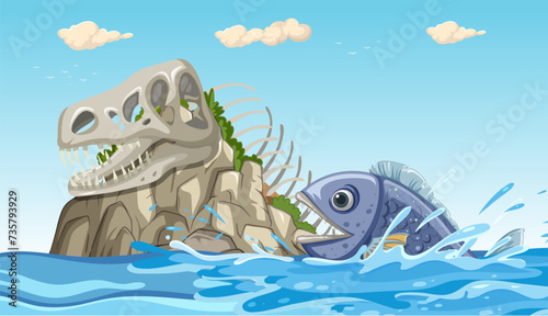 Cartoon fish and dinosaur skull on an island