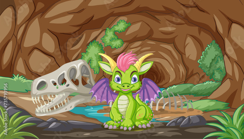 Colorful dragon sitting inside a rocky cave