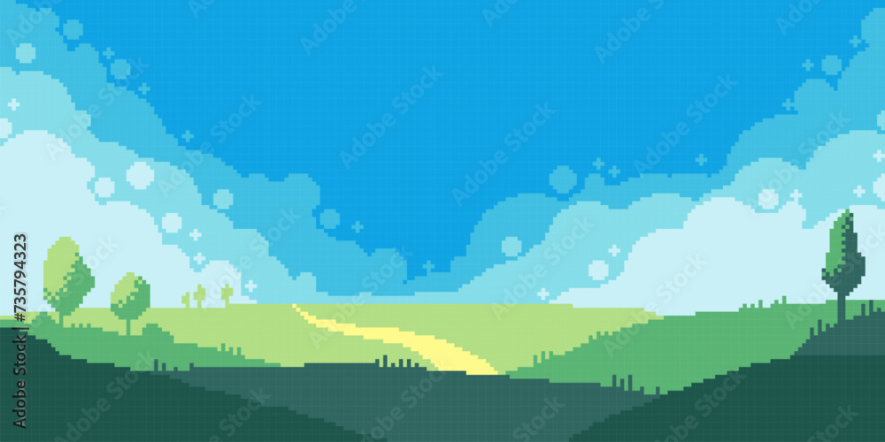 Meadow landscape pixel art element. Green sunny field. 8 bit. Game development, mobile app. Isolated vector illustration. Cross stitch pattern.