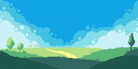 Acrylglasbilder Blau Meadow landscape pixel art element. Green sunny field. 8 bit. Game development, mobile app. Isolated vector illustration. Cross stitch pattern.  © SickleMoon
