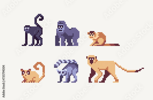 Monkey pixel art set. Primate, apes collection. 8 bit. Game development, mobile app. Isolated vector illustration. Cross stitch pattern. photo