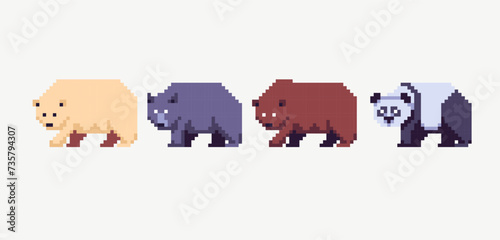 Bear species pixel art set. Grizzly, panda, polar collection. 8 bit. Game development, mobile app. Isolated vector illustration. Cross stitch pattern.