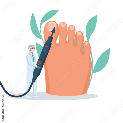 Podiatry concept. Feet treatment. Hardware medical pedicure. Nail cleaning apparatus. Patient on pedicure with pediatrician chiropodist. Clinic podology. Cosmetics of nails of legs. Vector design flat