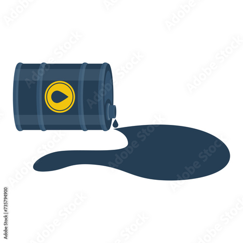 Spilled oil. An overturned barrel of fuel. Oil leak. Environmental pollution. Vector illustration flat design. Isolated on white background.