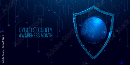 Cyber Security Awareness Month. Cyber security, world protection concept with globe map. Futuristic abstract vector illustration.