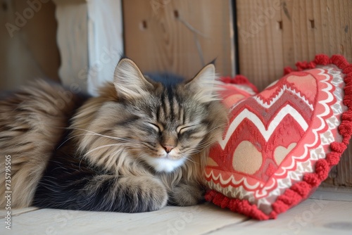 fluffy cat asleep beside a heartpatterned cushion photo