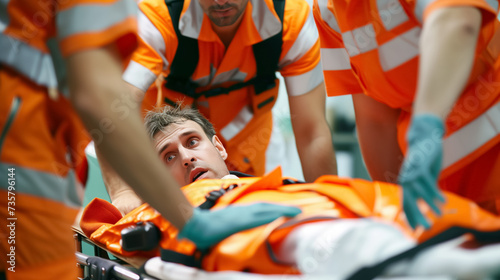 Concerned man on a stretcher with paramedics.