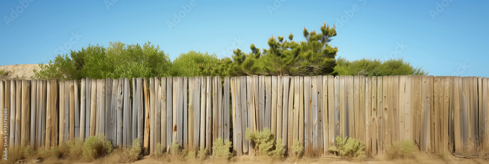 Wooden fence with greenery under a blue sky.