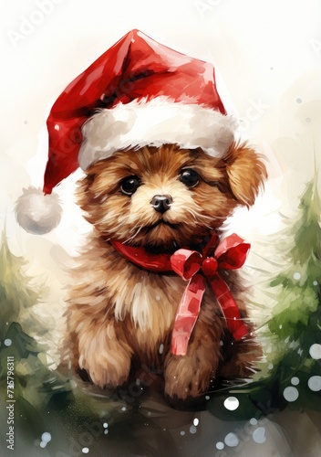 Small Brown Dog Wearing Santa Hat