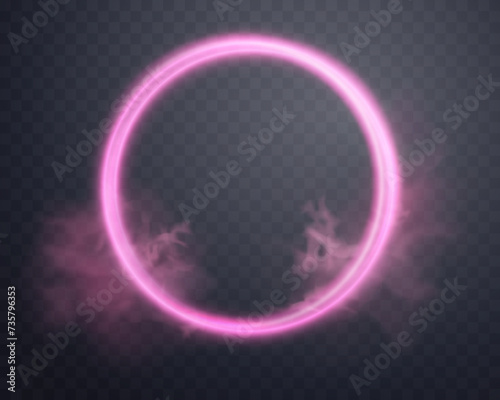 Pink magic ring with glowing. Neon realistic energy flare halo ring. Abstract light effect on a dark transparent background. Vector illustration.
