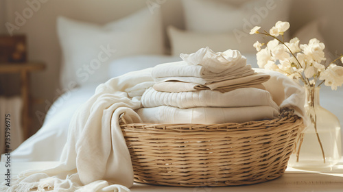 A basket with clean linen in an atmosphere of home.