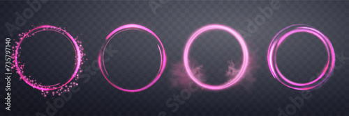 Glowing pink magic rings. Neon realistic energy flare halo rings. Abstract light effect on a dark transparent background. Vector illustration.