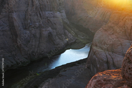 Aerial view of the river in the gorges of the mountains at sunset. photo