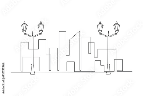 Night city street perspective view with neon illumination and street lights and city park. Modern megalopolis district with multistorey houses glow with bright lights, snowflake lamps, Cartoon vector 