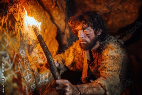 Caveman wearing animal skin, exploring caves at night, carrying a torch with fire.