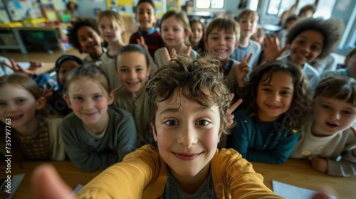 Selfie class in school. Happy children in class. Taking pictures together at school © ORG