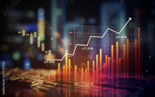 Uptrend chart and light yellow upward arrow. The business on the diagram adjusts according to the numbers. Inflation concept Financial graph on a pile of coins