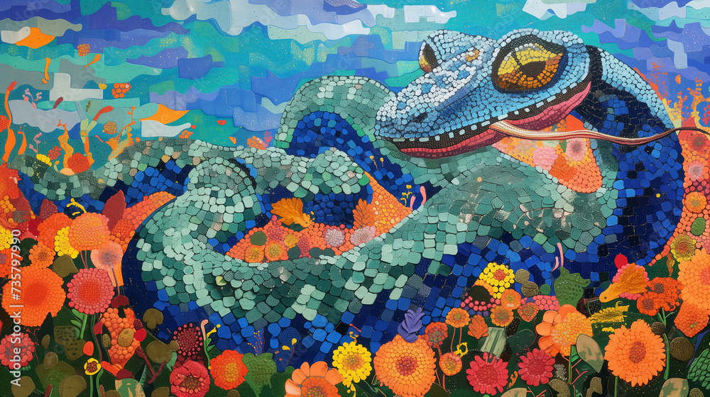 Colorful gecko mosaic among vivid flower art.