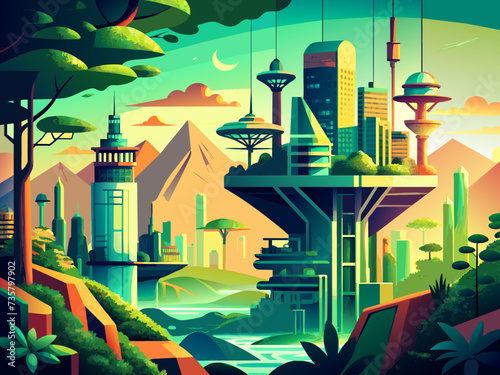 Techno-organic cityscapes merging nature and technology. vektor illustation