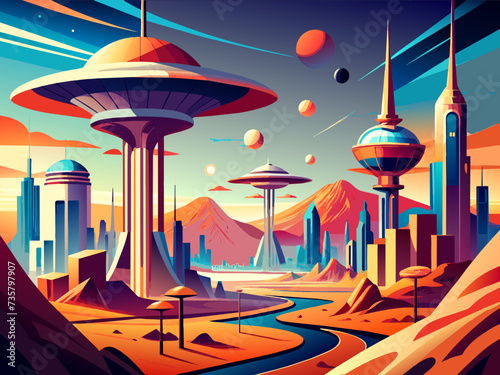 Alien cities on distant planets with advanced technology. vektor illustation