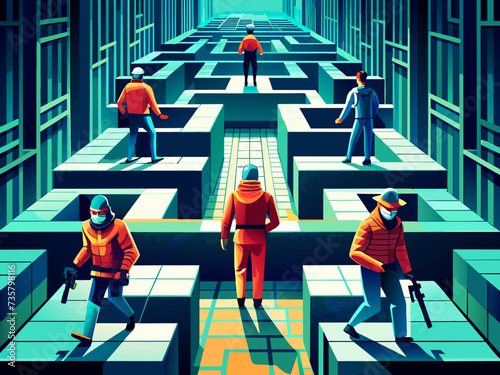 Cyberspace hackers navigating through digital mazes. vektor illustation