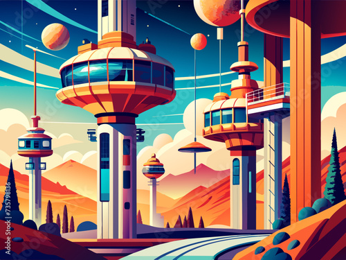 Space elevators transporting goods to orbiting stations. vektor illustation