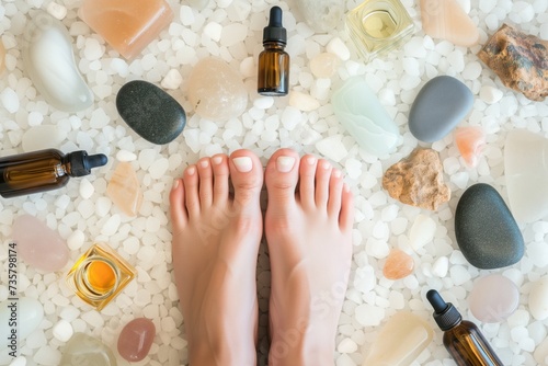 feet surrounded by spa stones and essential oil bottles