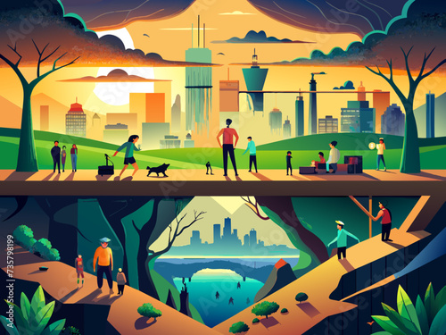 Underground societies thriving beneath polluted cityscapes. vektor illustation