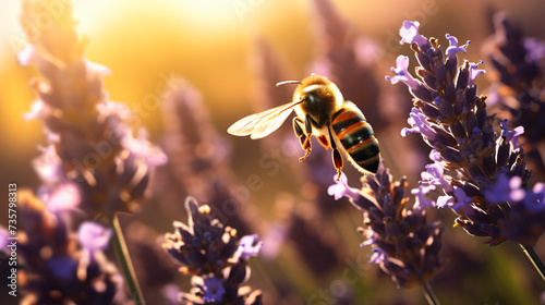 A bee flying over a bunch of lavender flowers. photo