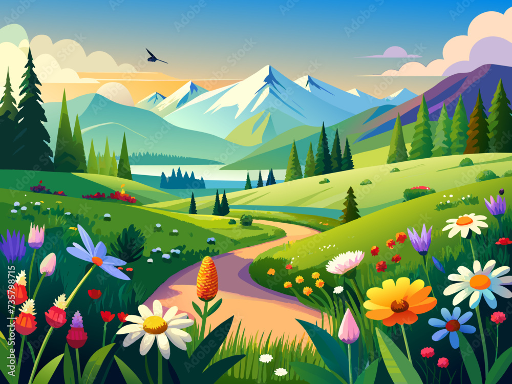 A peaceful meadow filled with blooming wildflowers and buzzing bees. vektor illustation