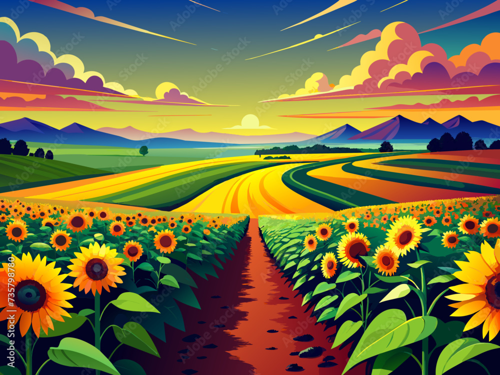 A vibrant field of sunflowers stretching towards the horizon. vektor illustation