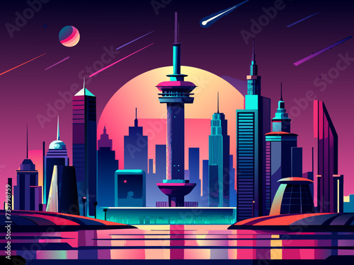 A sleek, hovering cityscape with neon accents. vektor illustation