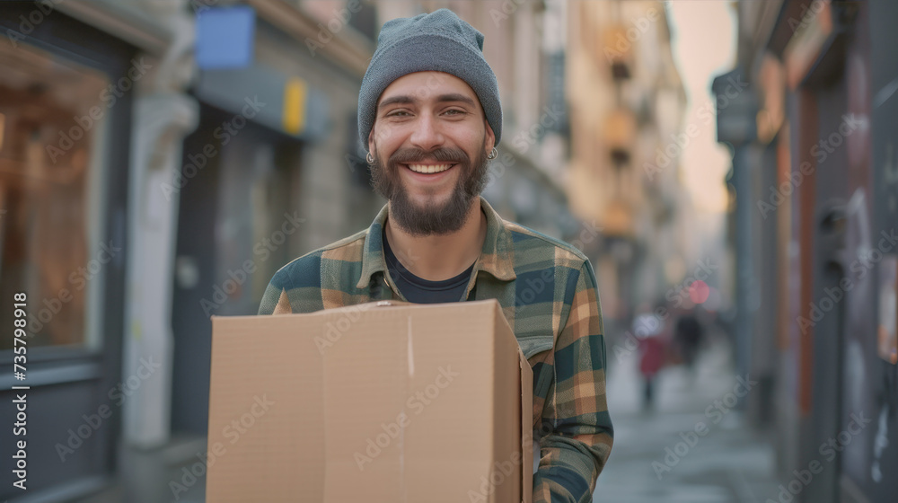 Male courier with a box in his hands in a warehouse
Male courier with a box in his hands in a warehouse