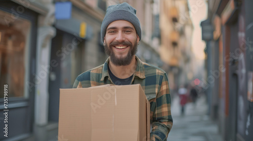 Male courier with a box in his hands in a warehouse 