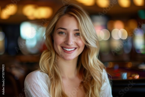 Close-up view of a beautiful young blonde woman smiling happily in a casino.