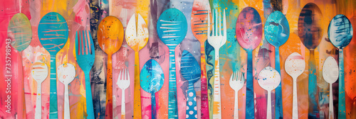 Colorful painted utensils cutlery in a row on canvas.