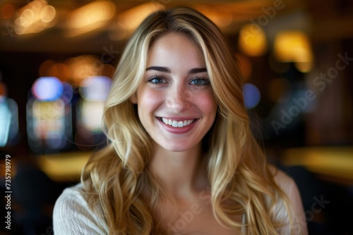 Close-up view of a beautiful young blonde woman smiling happily in a casino.