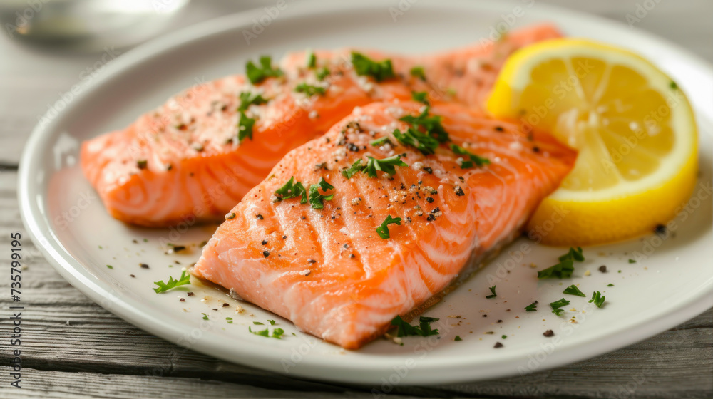 Piece of salmon with herbs and lemon on a white plate
Piece of salmon with herbs and lemon on a white plate