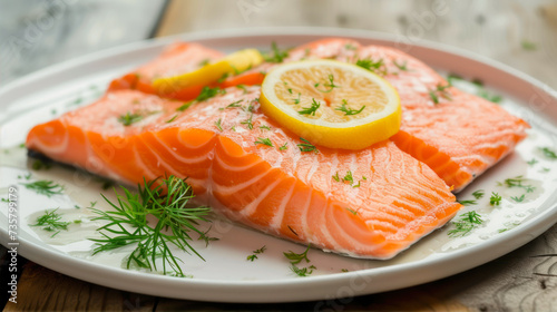 Piece of salmon with herbs and lemon on a white plate 