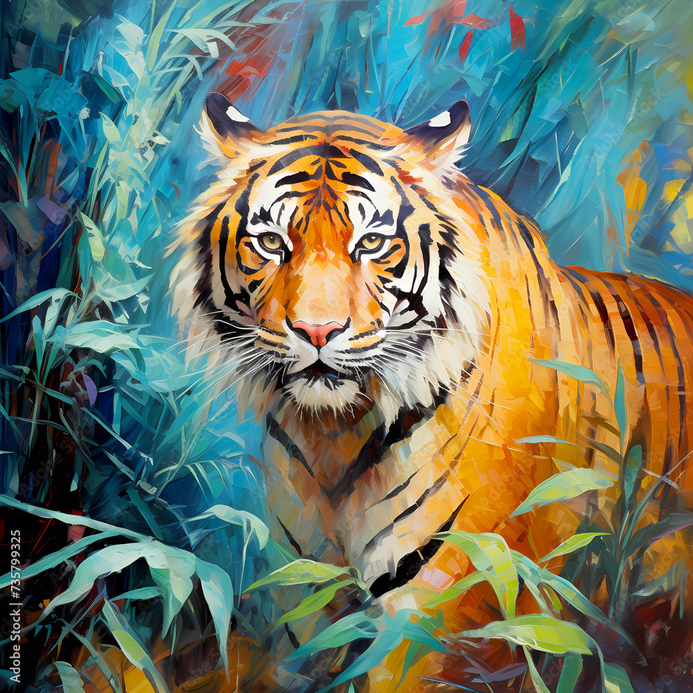 Tiger illustration, oil paint, colorful picture, close up, jungle