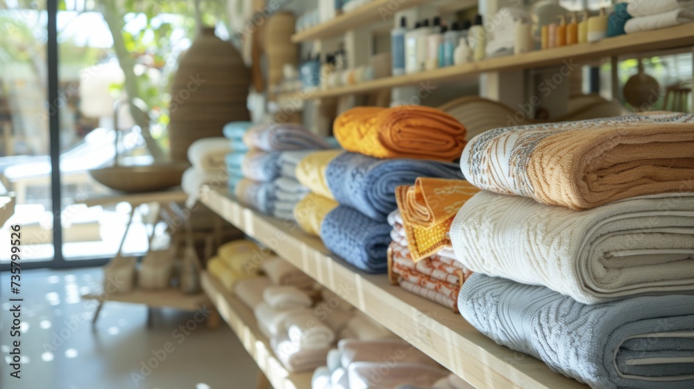 Summery boutique atmosphere, beach towels folded and ready for the shore