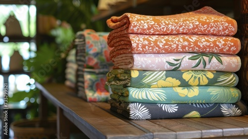 Plush beach towels in a seaside shop, unfolded in summer's vibrant palette