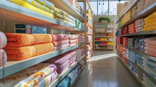 Folded plush beach towels displayed in a seaside shop, radiating with lively summer palette © Manyapha