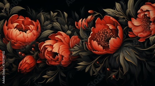 Dark floral banner with peonies and lilies on black background for wedding invitations and packaging © Aliaksandra