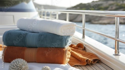 Luxurious towels spread on a yacht deck, embodying the playful and chic essence of summer colors