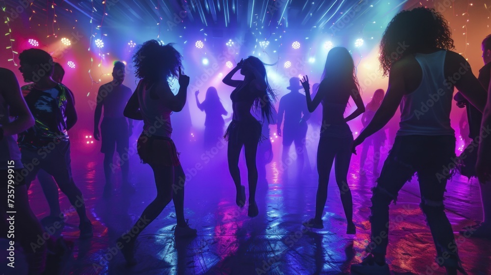Neon lit summer dance floor, vibrant energy pulsing with fluorescent fantasy Neon lit summer dance floor, vibrant energy pulsing with fluorescent fantasy