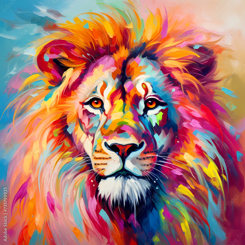 Majestic lion drawn by oil paints, colorful background, portrait
