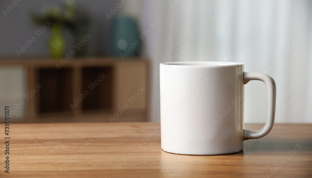 White ceramic mug on wooden table indoors. Space for text