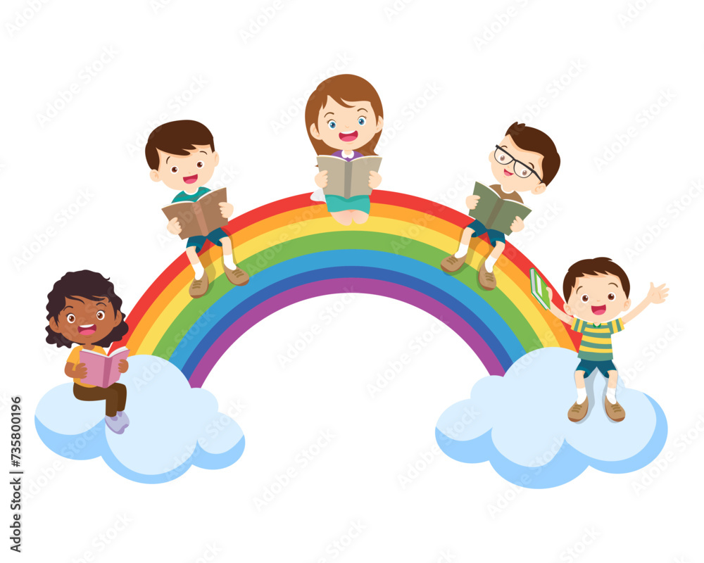 Boy and girls learning.children reading on rainbow. Back to School. kids education Boy and girls learning.children reading on rainbow. Back to School. kids education