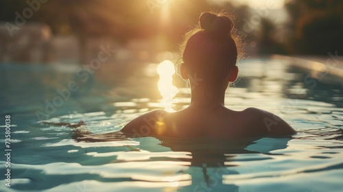 Body positive solo swim  basking in the tranquil  soft-lit summer pool